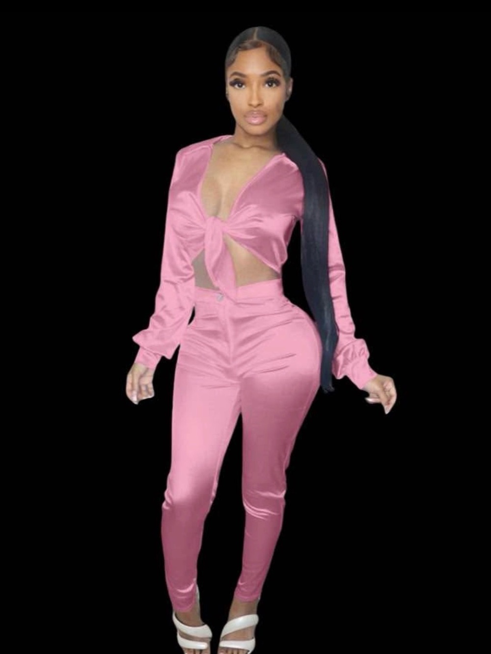 Pink Satin Knot-Front Skinny Jumpsuit
